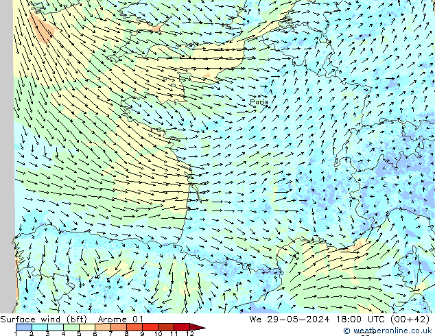 Wind 10 m (bft) Arome 01 wo 29.05.2024 18 UTC