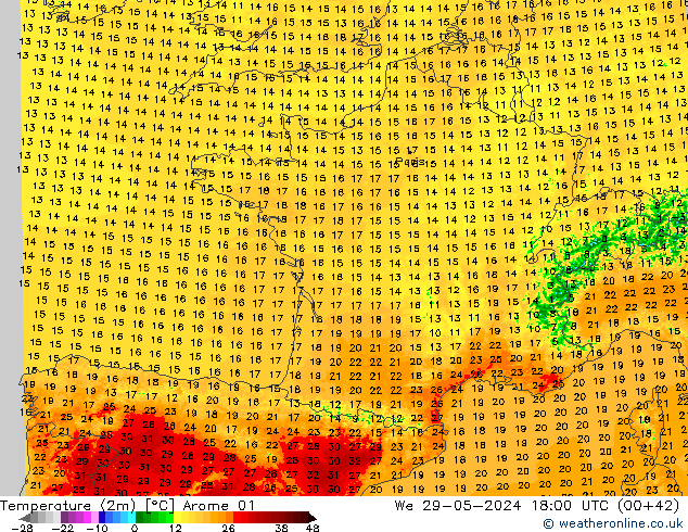 Temperature (2m) Arome 01 We 29.05.2024 18 UTC