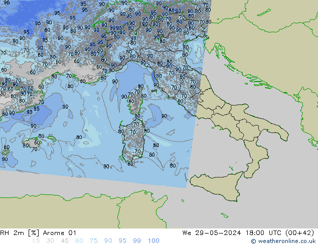 RH 2m Arome 01 St 29.05.2024 18 UTC