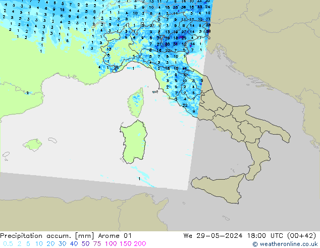 Totale neerslag Arome 01 wo 29.05.2024 18 UTC