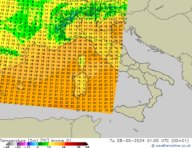 Temperature (2m) Arome 01 Tu 28.05.2024 01 UTC