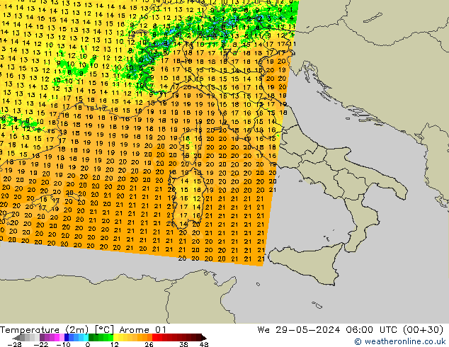 Temperatura (2m) Arome 01 mié 29.05.2024 06 UTC