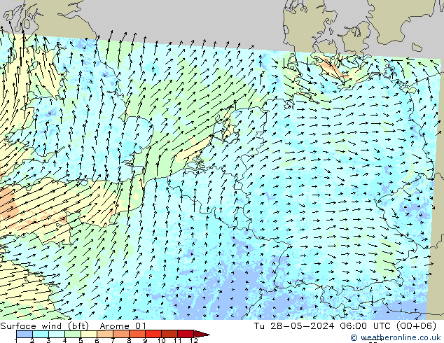 Surface wind (bft) Arome 01 Tu 28.05.2024 06 UTC