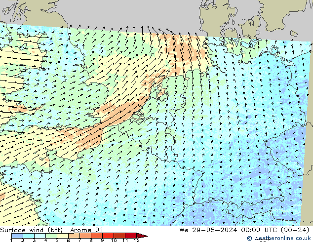 Wind 10 m (bft) Arome 01 wo 29.05.2024 00 UTC