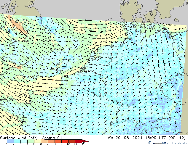 Viento 10 m (bft) Arome 01 mié 29.05.2024 18 UTC