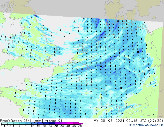 Precipitação (6h) Arome 01 Qua 29.05.2024 15 UTC