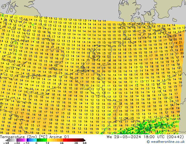 Temperature (2m) Arome 01 We 29.05.2024 18 UTC