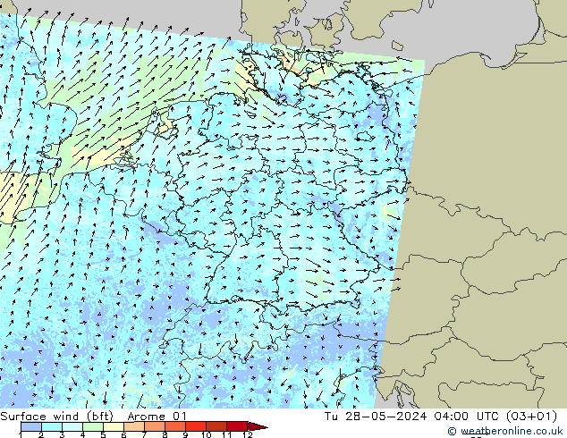 Rüzgar 10 m (bft) Arome 01 Sa 28.05.2024 04 UTC