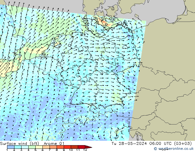 Surface wind (bft) Arome 01 Út 28.05.2024 06 UTC