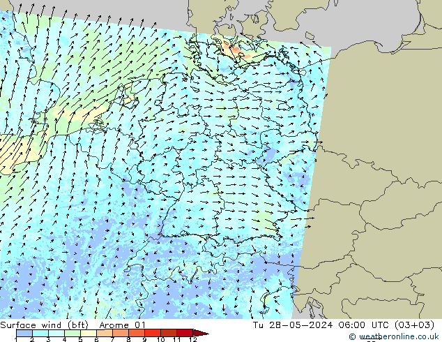 Wind 10 m (bft) Arome 01 di 28.05.2024 06 UTC