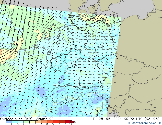 Bodenwind (bft) Arome 01 Di 28.05.2024 09 UTC