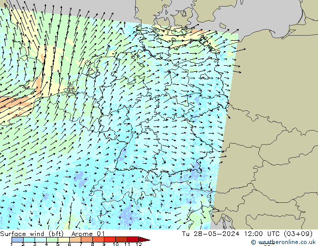 Wind 10 m (bft) Arome 01 di 28.05.2024 12 UTC