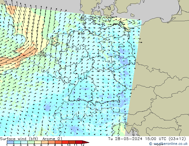 wiatr 10 m (bft) Arome 01 wto. 28.05.2024 15 UTC