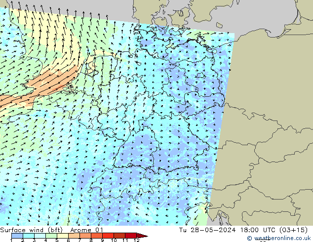 Surface wind (bft) Arome 01 Tu 28.05.2024 18 UTC