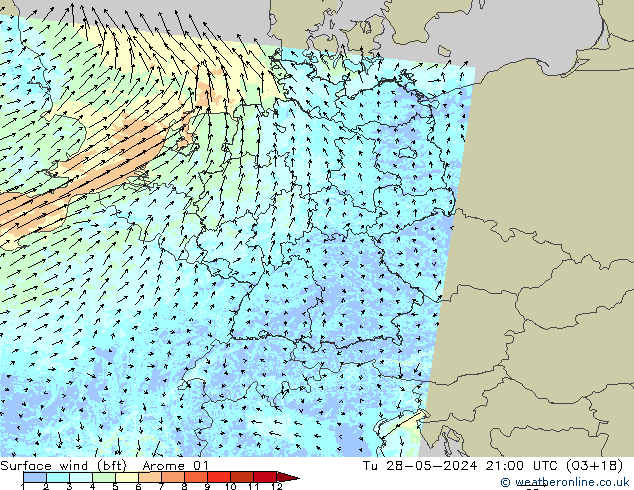 Viento 10 m (bft) Arome 01 mar 28.05.2024 21 UTC