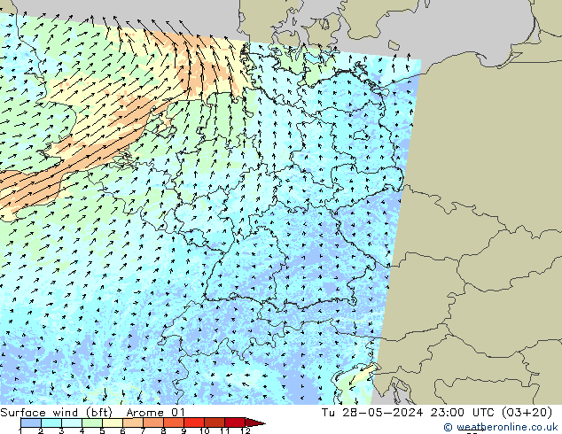 Surface wind (bft) Arome 01 Út 28.05.2024 23 UTC