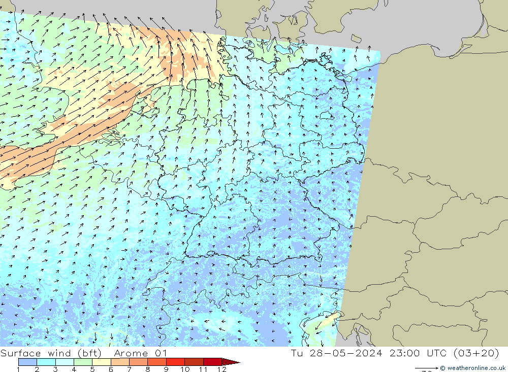 Wind 10 m (bft) Arome 01 di 28.05.2024 23 UTC