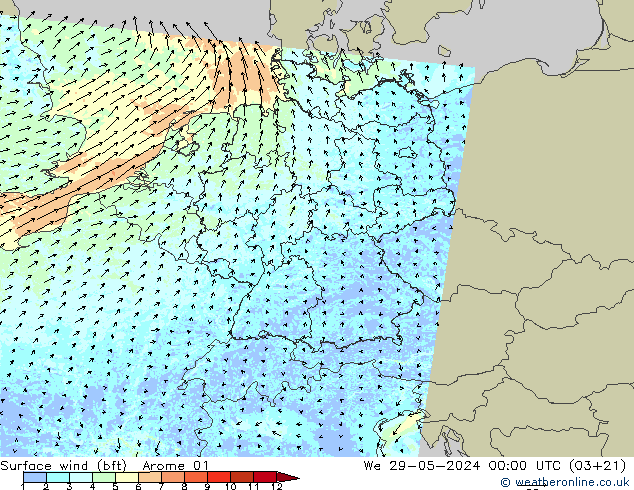 Surface wind (bft) Arome 01 We 29.05.2024 00 UTC