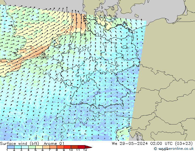 Surface wind (bft) Arome 01 We 29.05.2024 02 UTC