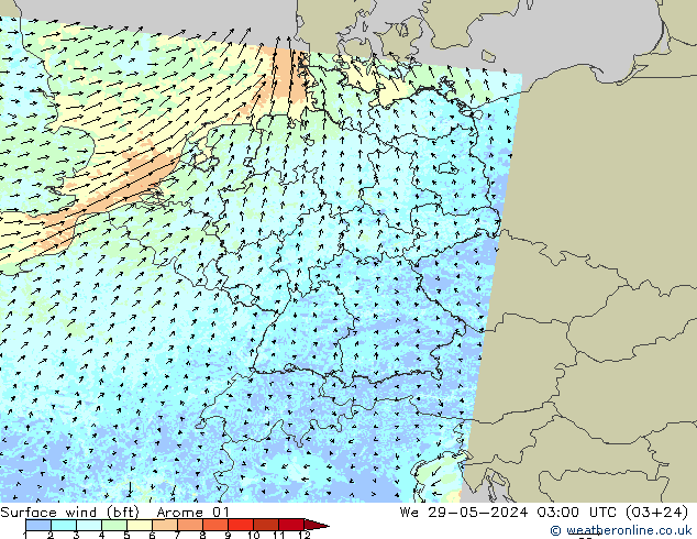 wiatr 10 m (bft) Arome 01 śro. 29.05.2024 03 UTC