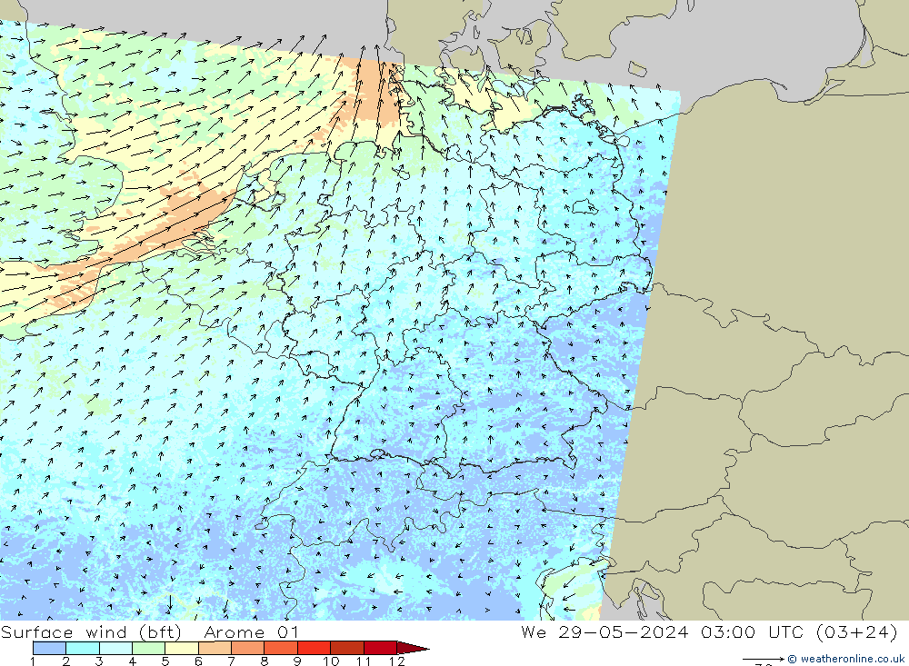 Wind 10 m (bft) Arome 01 wo 29.05.2024 03 UTC