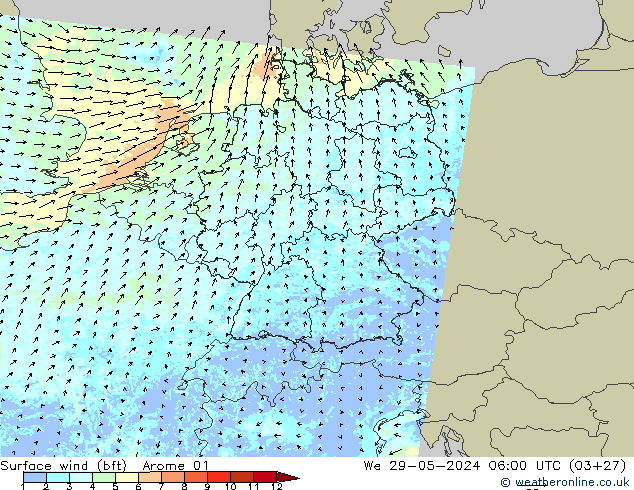 Viento 10 m (bft) Arome 01 mié 29.05.2024 06 UTC