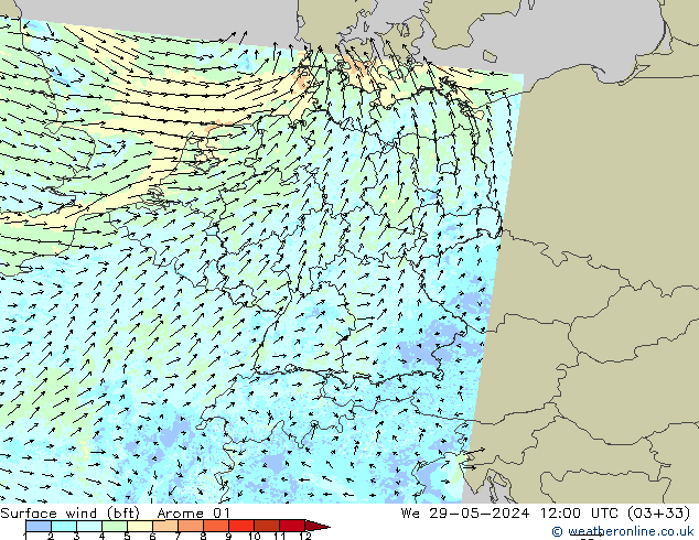 Wind 10 m (bft) Arome 01 wo 29.05.2024 12 UTC