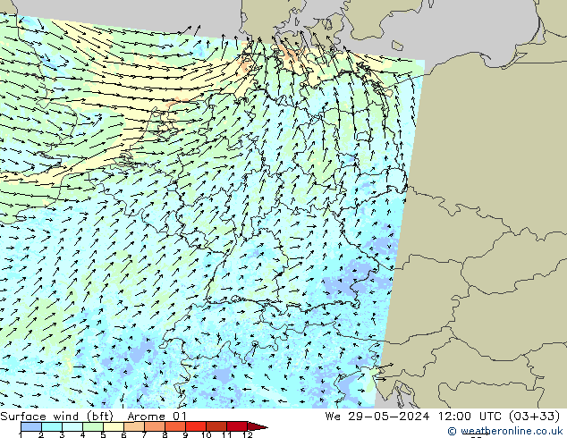 Surface wind (bft) Arome 01 We 29.05.2024 12 UTC