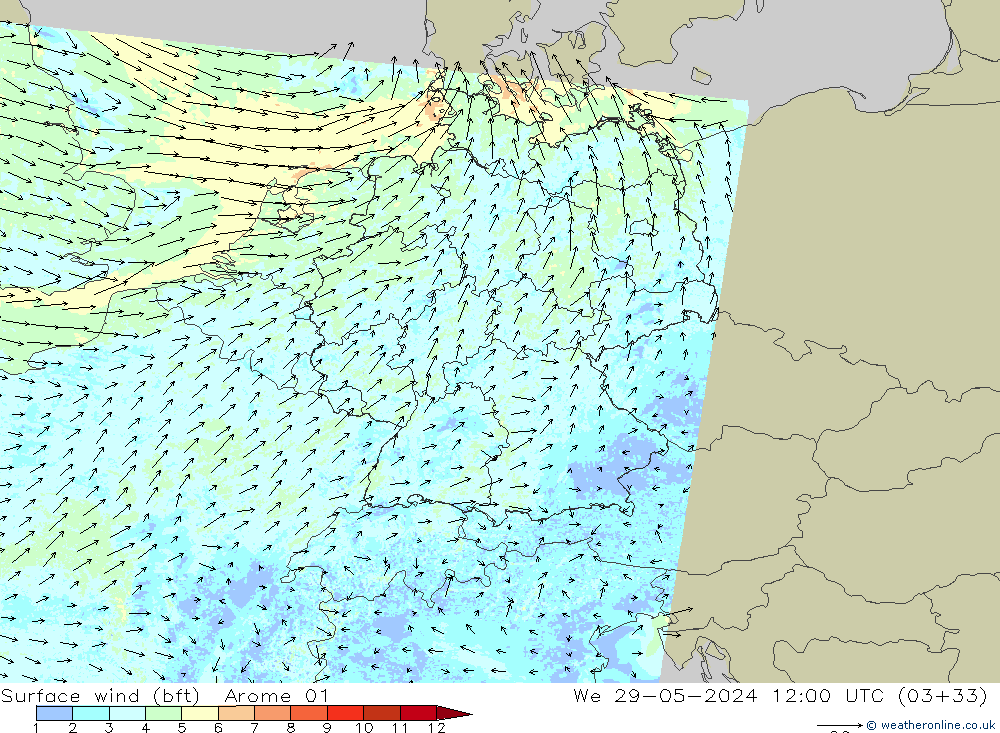 Surface wind (bft) Arome 01 St 29.05.2024 12 UTC