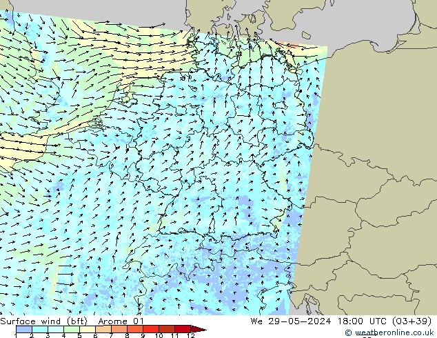 Surface wind (bft) Arome 01 We 29.05.2024 18 UTC