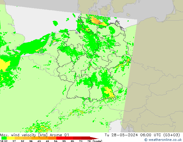 Max. wind velocity Arome 01 Tu 28.05.2024 06 UTC