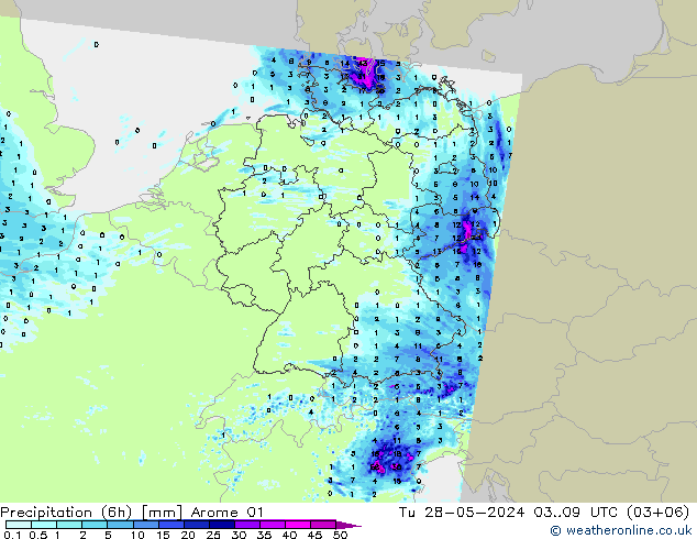 Precipitation (6h) Arome 01 Tu 28.05.2024 09 UTC