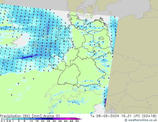 Totale neerslag (6h) Arome 01 di 28.05.2024 21 UTC