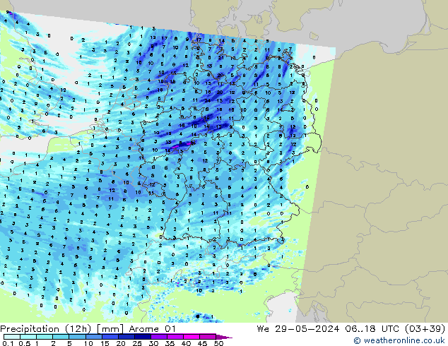 Precipitación (12h) Arome 01 mié 29.05.2024 18 UTC