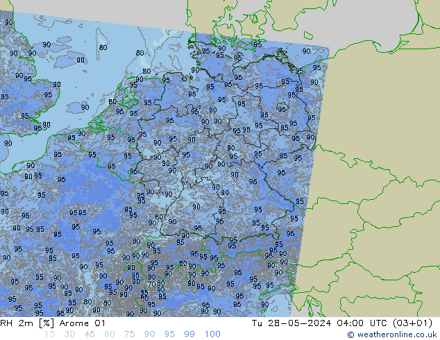 RH 2m Arome 01  28.05.2024 04 UTC