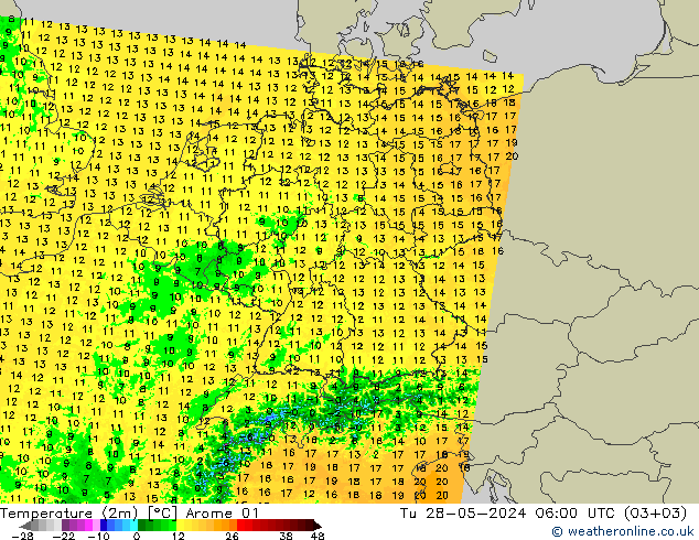 Temperatura (2m) Arome 01 Ter 28.05.2024 06 UTC