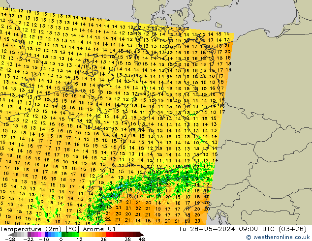 Temperature (2m) Arome 01 Tu 28.05.2024 09 UTC