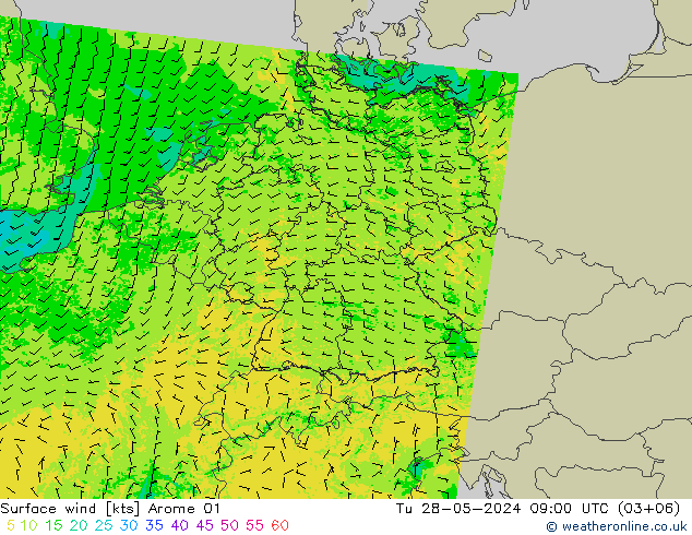 Vento 10 m Arome 01 Ter 28.05.2024 09 UTC