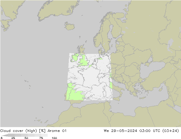 Cloud cover (high) Arome 01 We 29.05.2024 03 UTC