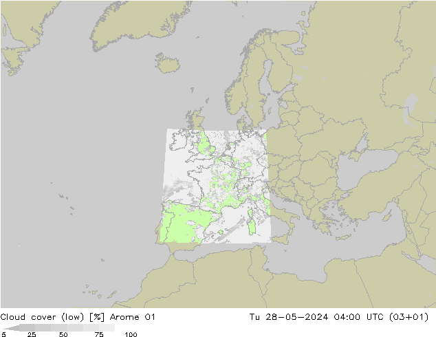 nízká oblaka Arome 01 Út 28.05.2024 04 UTC