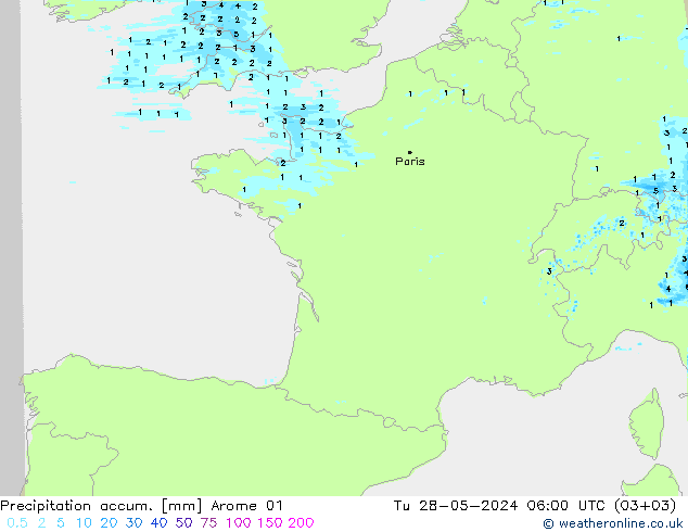 Totale neerslag Arome 01 di 28.05.2024 06 UTC