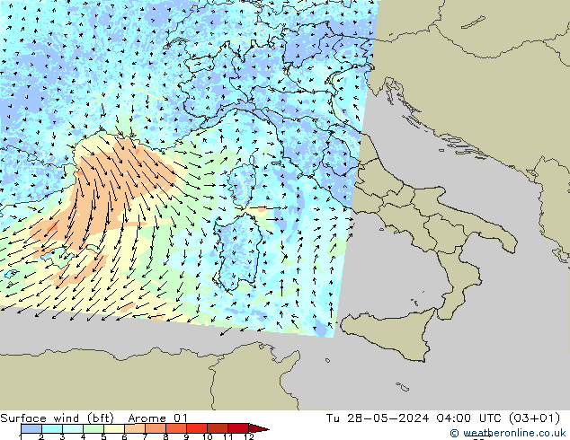 Surface wind (bft) Arome 01 Tu 28.05.2024 04 UTC