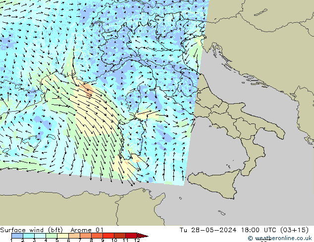 Rüzgar 10 m (bft) Arome 01 Sa 28.05.2024 18 UTC