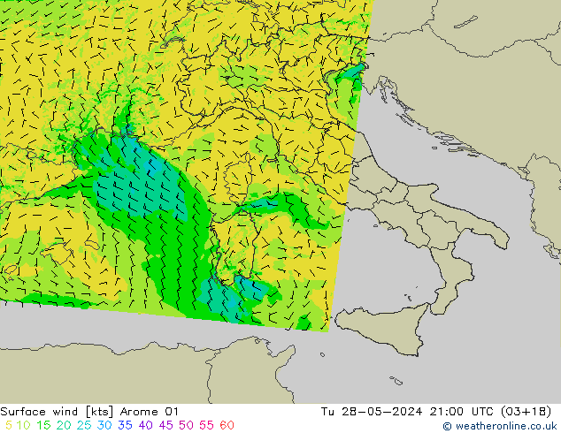 Rüzgar 10 m Arome 01 Sa 28.05.2024 21 UTC