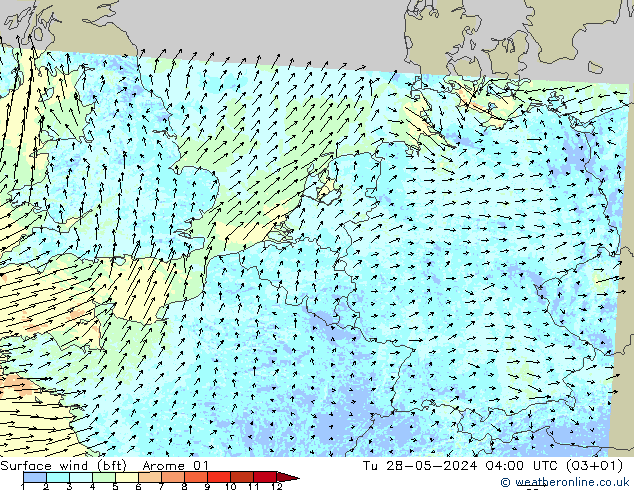 Surface wind (bft) Arome 01 Út 28.05.2024 04 UTC