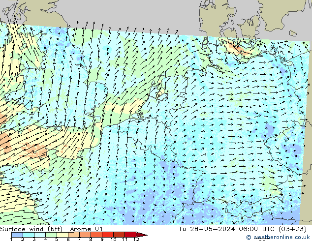 Surface wind (bft) Arome 01 Tu 28.05.2024 06 UTC