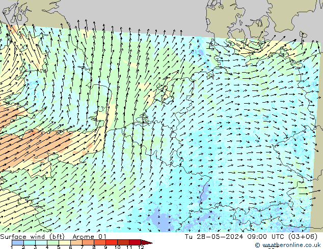 Vent 10 m (bft) Arome 01 mar 28.05.2024 09 UTC