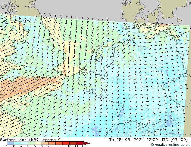 Rüzgar 10 m (bft) Arome 01 Sa 28.05.2024 12 UTC