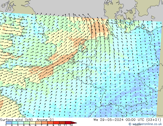 Surface wind (bft) Arome 01 We 29.05.2024 00 UTC