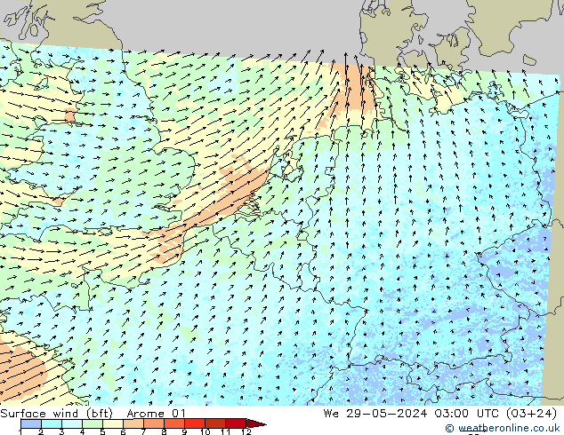 Surface wind (bft) Arome 01 St 29.05.2024 03 UTC